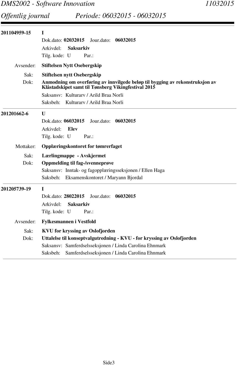 Saksansv: Kulturarv / Arild Braa Norli Saksbeh: Kulturarv / Arild Braa Norli 201201662-6 U Opplæringskontoret for tømrerfaget Lærlingmappe - Oppmelding til fag-/svenneprøve Saksansv: Inntak- og