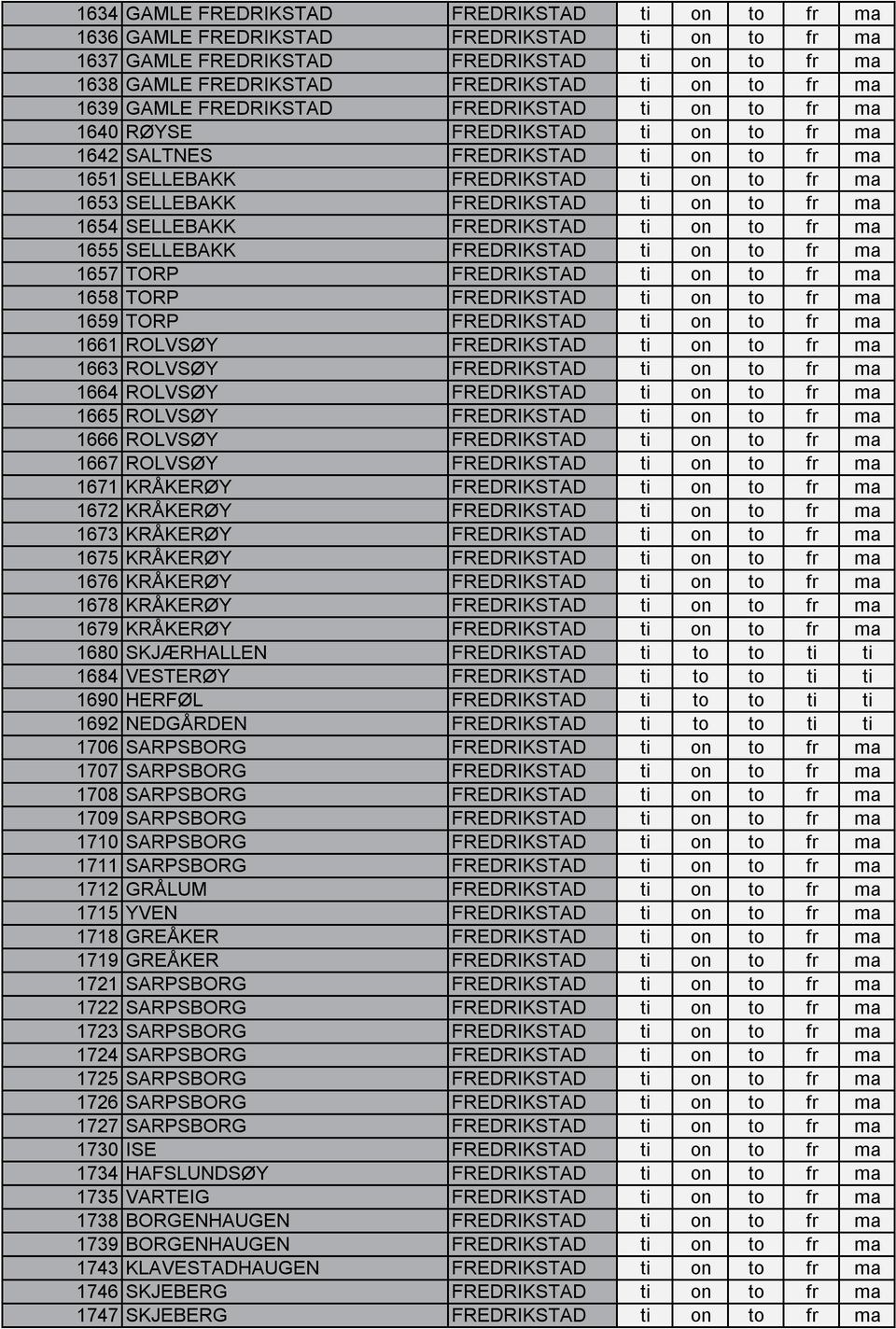 on to fr ma 1654 SELLEBAKK FREDRIKSTAD ti on to fr ma 1655 SELLEBAKK FREDRIKSTAD ti on to fr ma 1657 TORP FREDRIKSTAD ti on to fr ma 1658 TORP FREDRIKSTAD ti on to fr ma 1659 TORP FREDRIKSTAD ti on