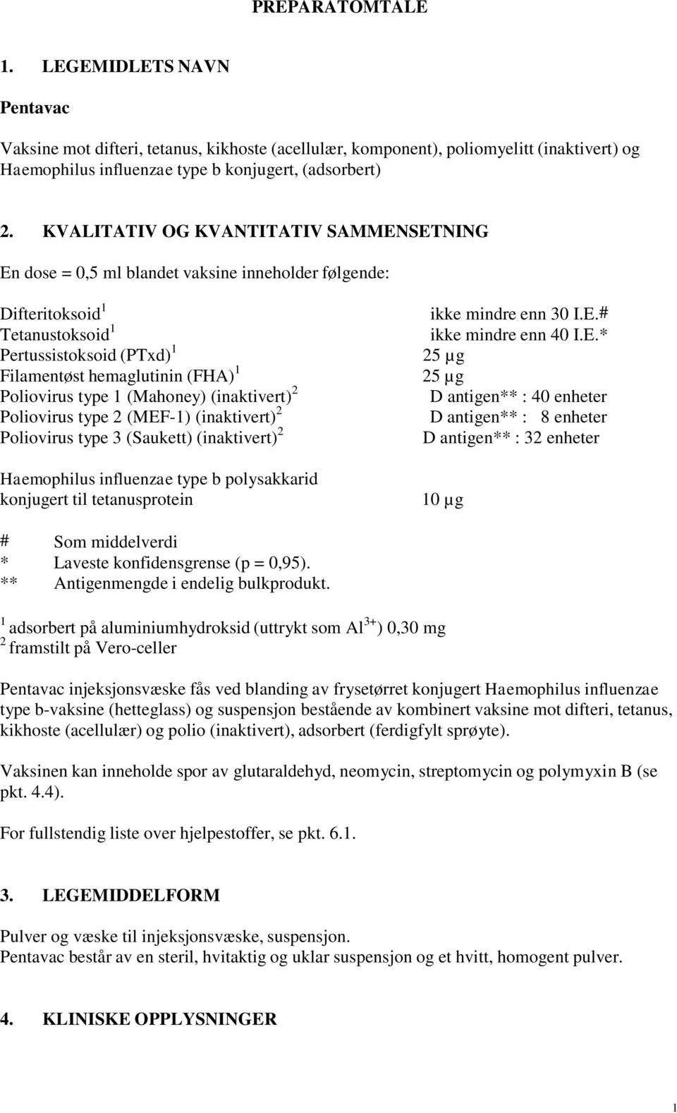 SETNING En dose = 0,5 ml blandet vaksine inneholder følgende: Difteritoksoid 1 ikke mindre enn 30 I.E.# Tetanustoksoid 1 ikke mindre enn 40 I.E.* Pertussistoksoid (PTxd) 1 25 µg Filamentøst