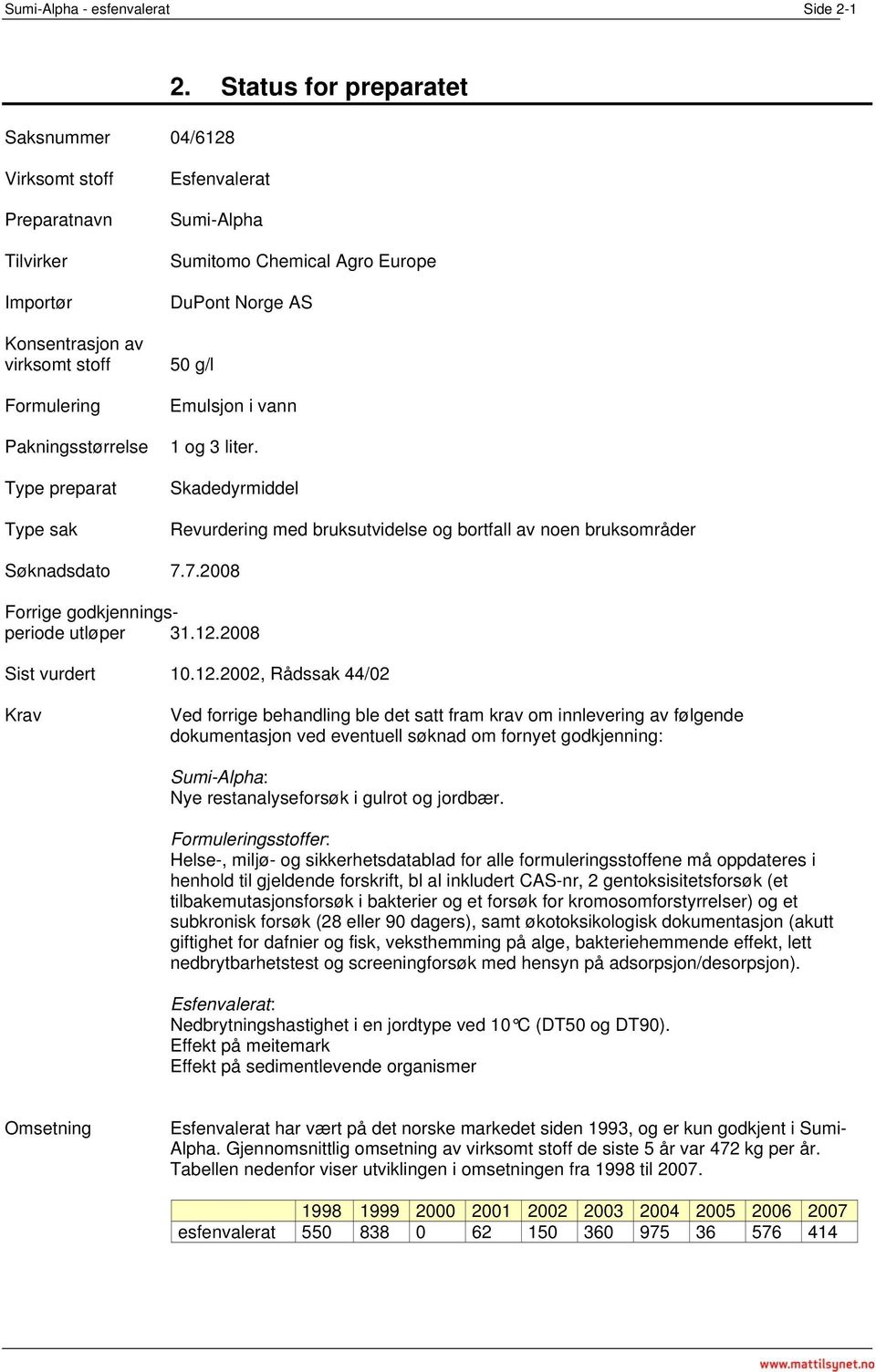 Agro Europe DuPont Norge AS 50 g/l Emulsjon i vann 1 og 3 liter. Skadedyrmiddel Revurdering med bruksutvidelse og bortfall av noen bruksområder Søknadsdato 7.