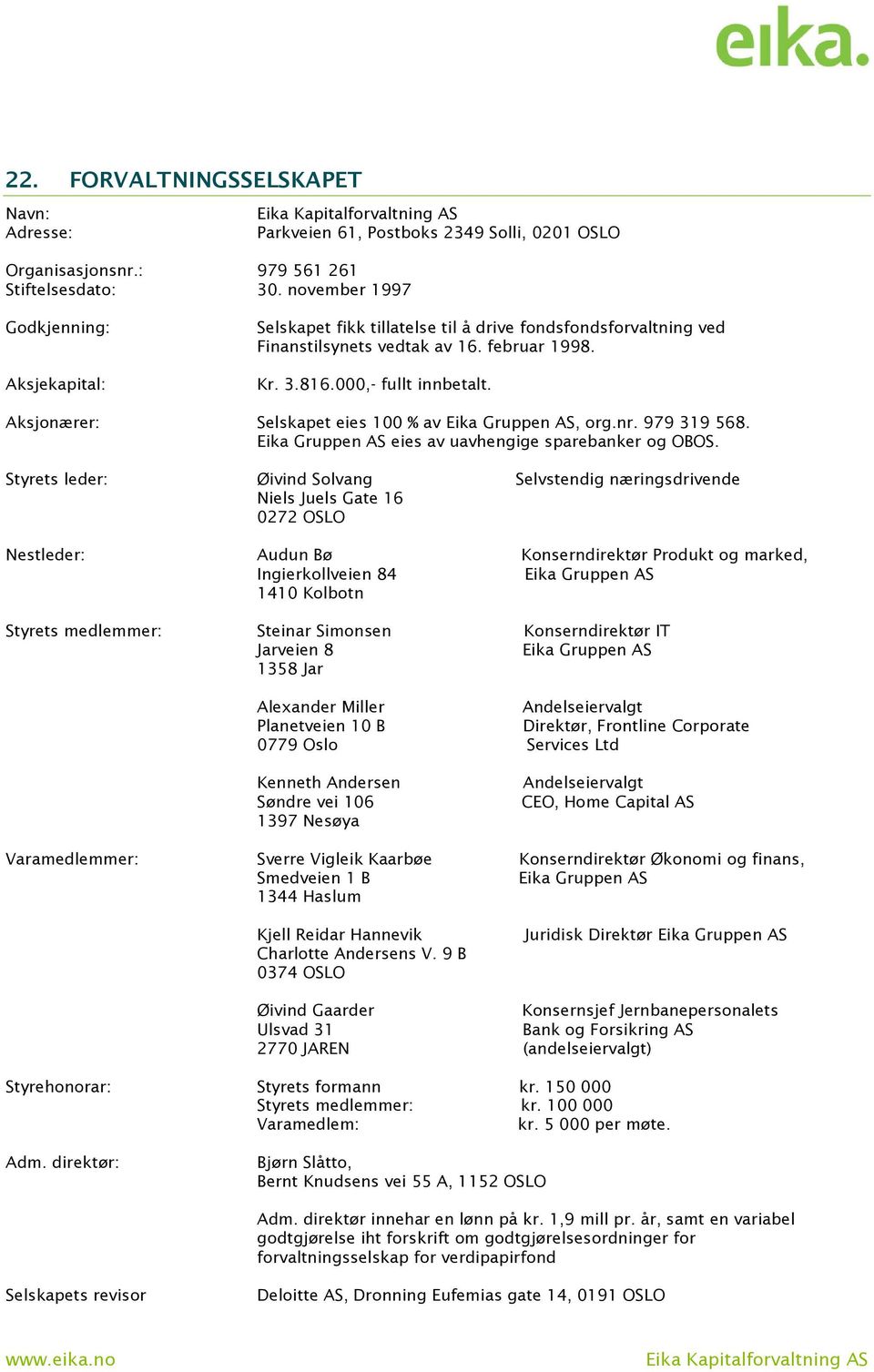 Aksjonærer: Selskapet eies 100 % av Eika Gruppen AS, org.nr. 979 319 568. Eika Gruppen AS eies av uavhengige sparebanker og OBOS.