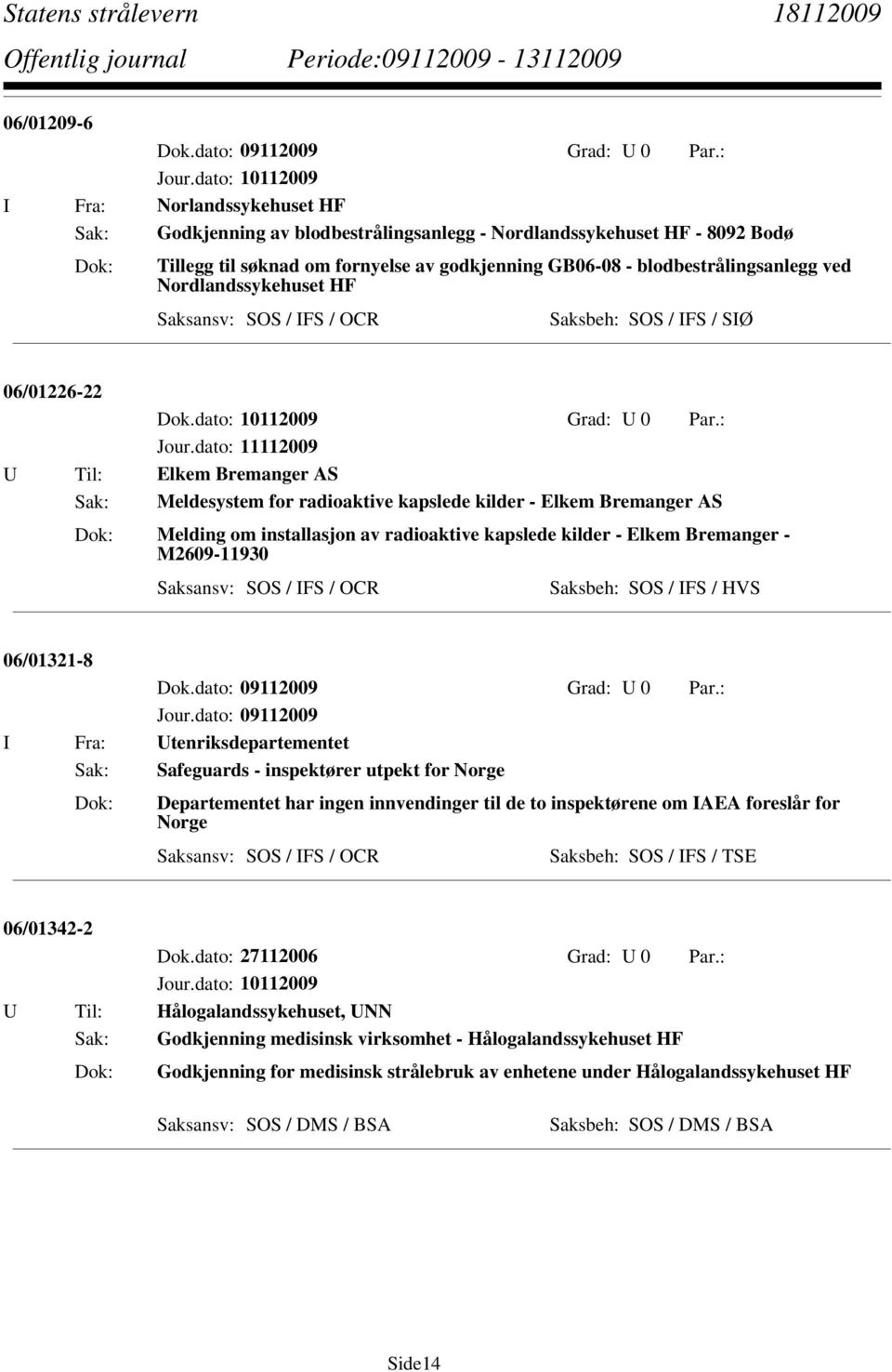 Nordlandssykehuset HF Saksbeh: SOS / IFS / SIØ 06/01226-22 Dok.dato: 10112009 Grad: U 0 Par.: Jour.