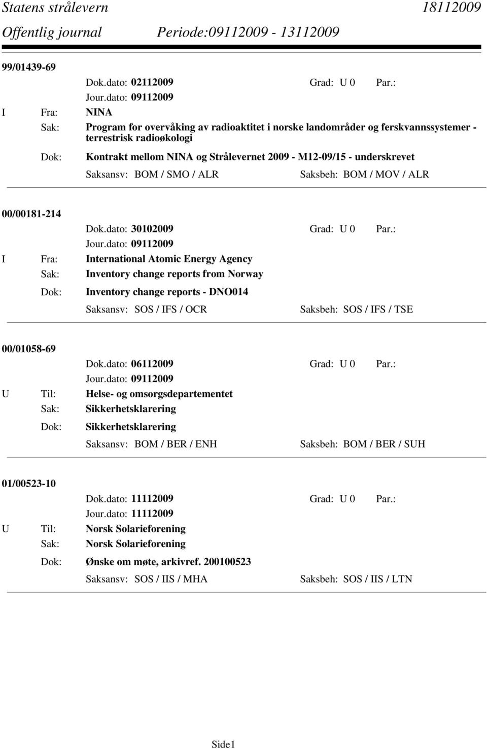 Saksansv: BOM / SMO / ALR Saksbeh: BOM / MOV / ALR 00/00181-214 Dok.dato: 30102009 Grad: U 0 Par.