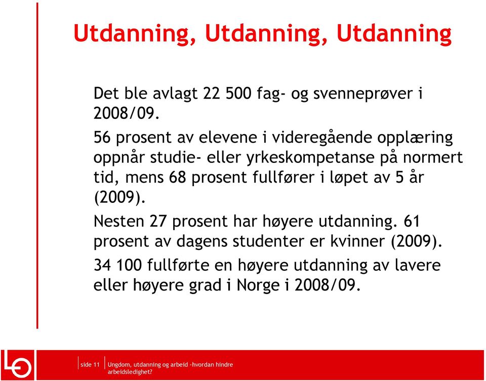 68 prosent fullfører i løpet av 5 år (2009). Nesten 27 prosent har høyere utdanning.