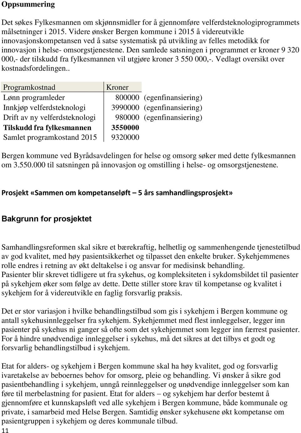 Den samlede satsningen i programmet er kroner 9 320 000,- der tilskudd fra fylkesmannen vil utgjøre kroner 3 550 000,-. Vedlagt oversikt over kostnadsfordelingen.