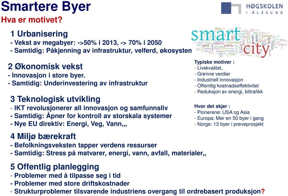 Energi, Veg, Vann,,, 4 Miljø bærekraft - Befolkningsveksten tapper verdens ressurser - Samtidig: Stress på matvarer, energi, vann, avfall, materialer,, Typiske motiver : - Livskvalitet, - Grønne