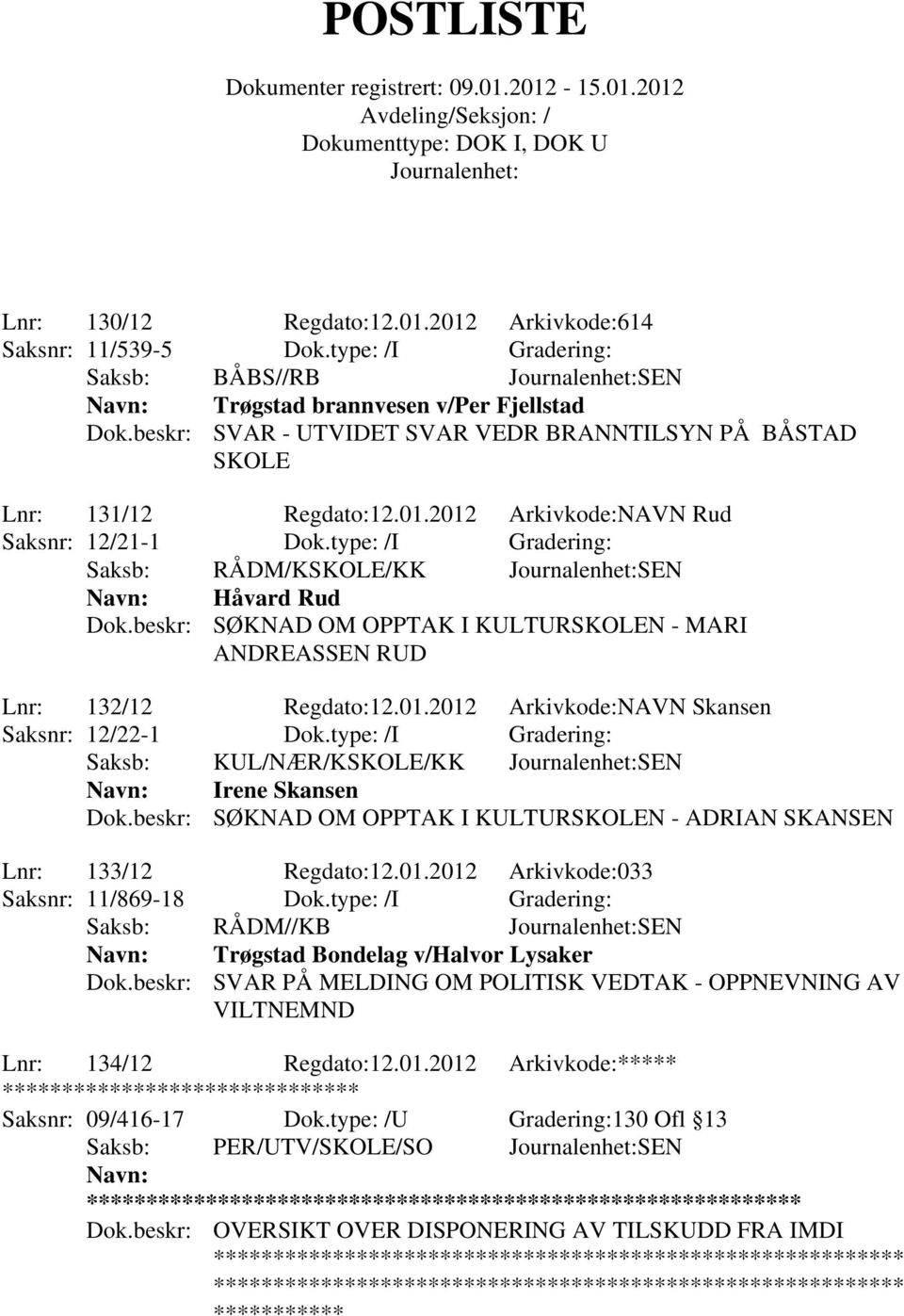 beskr: SØKNAD OM OPPTAK I KULTURSKOLEN - MARI ANDREASSEN RUD Lnr: 132/12 Regdato:12.01.2012 Arkivkode:NAVN Skansen Saksnr: 12/22-1 Dok.