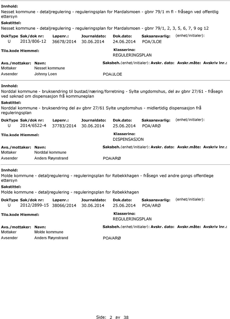 : Mottaker Nesset kommune Johnny Loen POA/JLOE nnhold: Norddal kommune - bruksendring til bustad/næring/forretning - Sylte ungdomshus, del av gbnr 27/61 - fråsegn ved søknad om dispensasjon frå