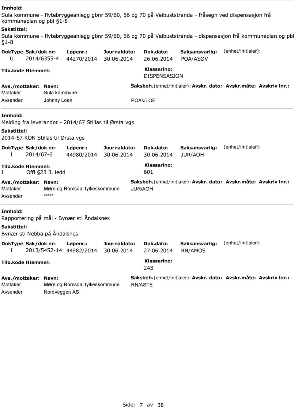 : Mottaker Sula kommune Johnny Loen POA/JLOE nnhold: Melding fra leverandør - 2014/67 Stillas til Ørsta vgs 2014-67 KON Stillas til Ørsta vgs 2014/67-6 44980/2014 JR/AOH Offl 23 3. ledd 601 Avs.