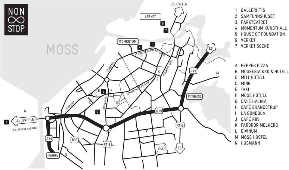 10 MIN KJØRING A R19 STORGATA TOG C E D 2 3 F KIRKEGATA R118 STORGATA G I DRONNING ENS GATE K L R19 KONGENS GATE R119 E6 R19 FLYBUSS