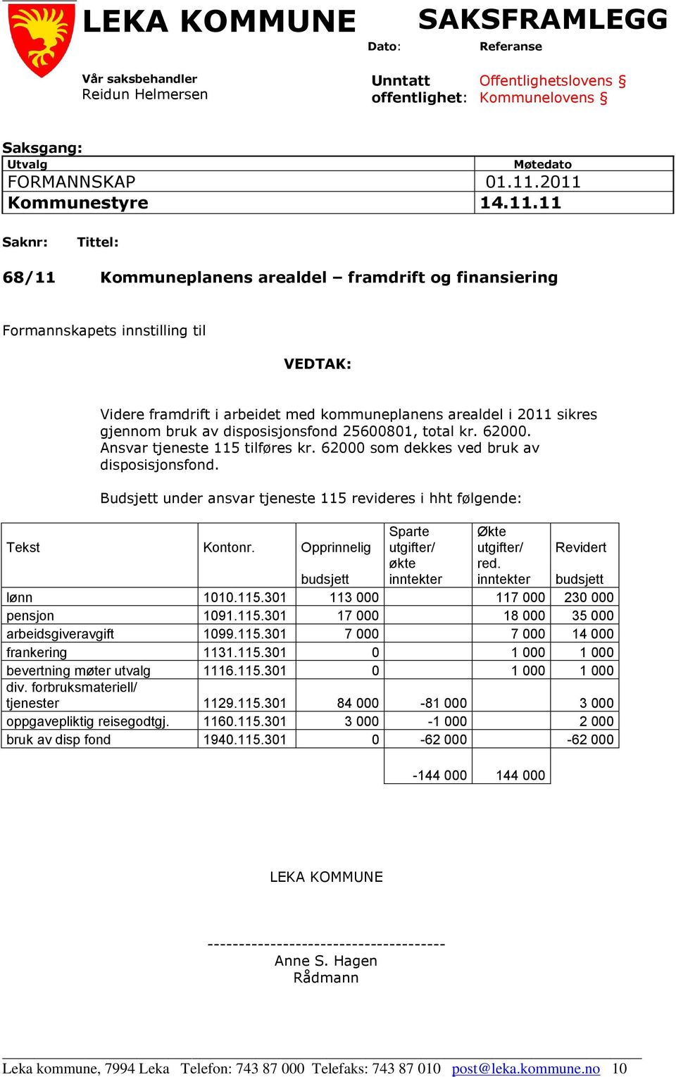 av disposisjonsfond 25600801, total kr. 62000. Ansvar tjeneste 115 tilføres kr. 62000 som dekkes ved bruk av disposisjonsfond.