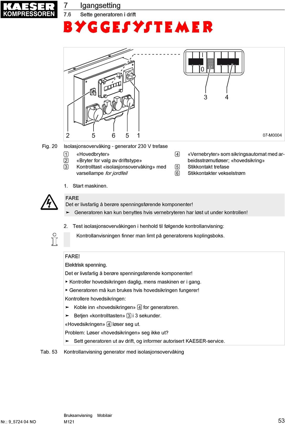 4 «Vernebryter» som sikringsautomat med arbeidsstrømutløser; «hovedsikring» 5 Stikkontakt trefase 6 Stikkontakter vekselstrøm FARE Det er livsfarlig å berøre spenningsførende komponenter!