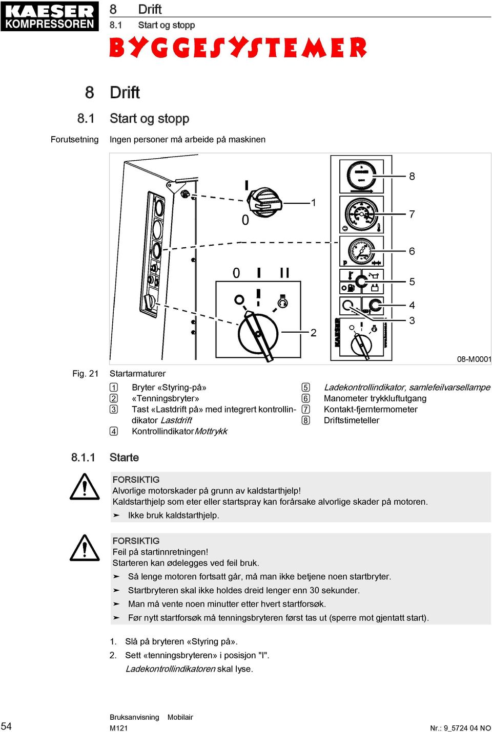 Manometer trykkluftutgang 7 Kontakt-fjerntermometer 8 Driftstimeteller 8.1.1 Starte FORSIKTIG Alvorlige motorskader på grunn av kaldstarthjelp!