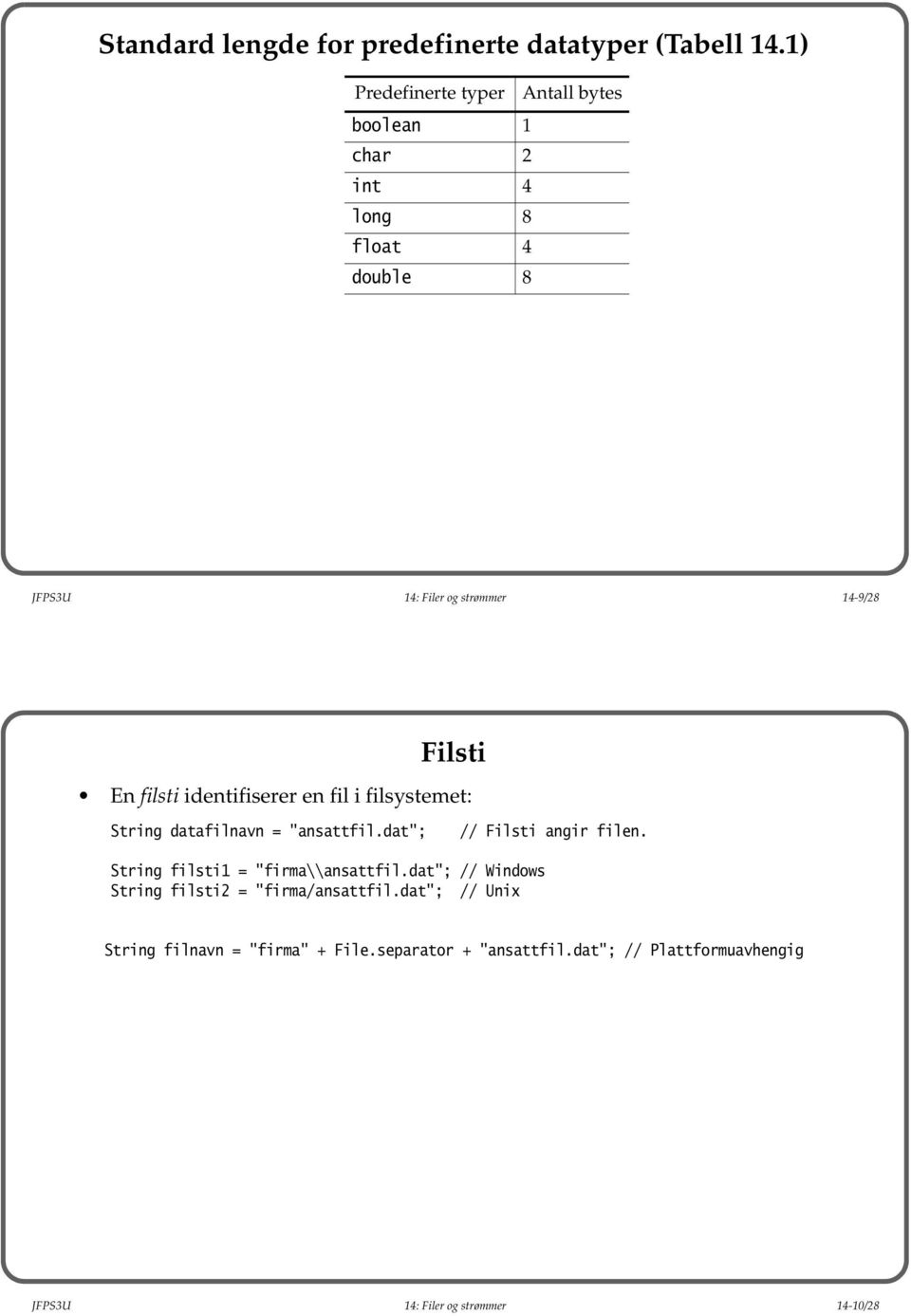 En filsti identifiserer en fil i filsystemet: String datafilnavn = "ansattfil.dat"; // Filsti angir filen.