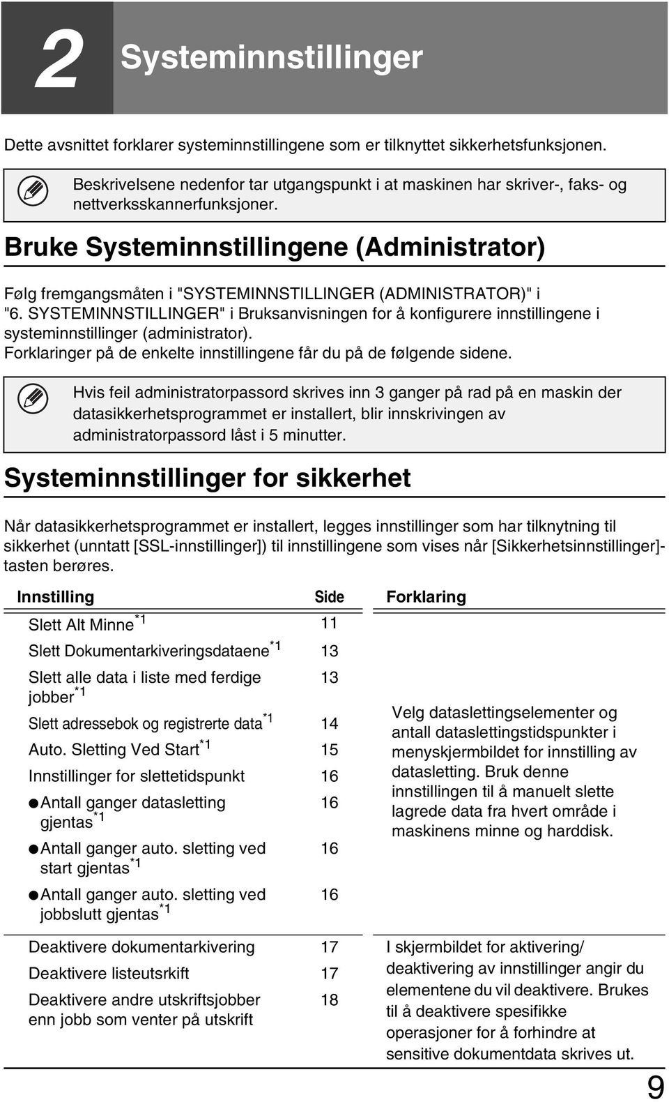 SYSTEMINNSTILLINGER" i Bruksanvisningen for å konfigurere innstillingene i systeminnstillinger (administrator). Forklaringer på de enkelte innstillingene får du på de følgende sidene.