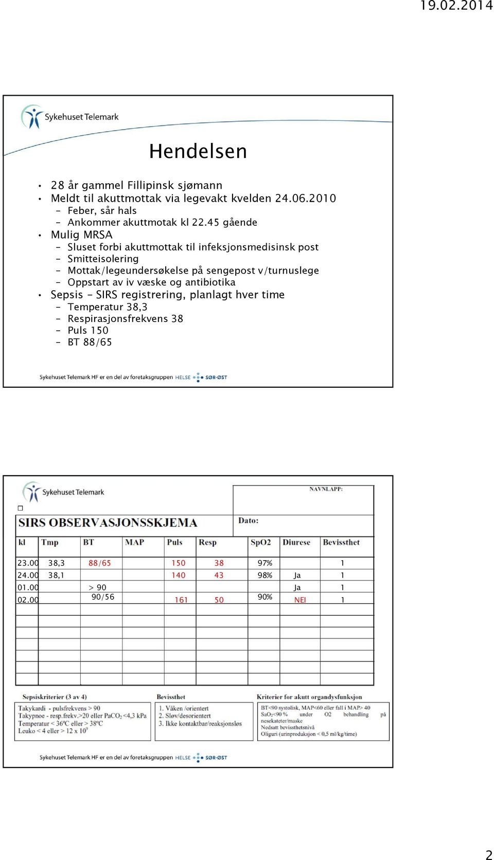 45 gående Mulig MRSA Sluset forbi akuttmottak til infeksjonsmedisinsk post Smitteisolering Mottak/legeundersøkelse på sengepost