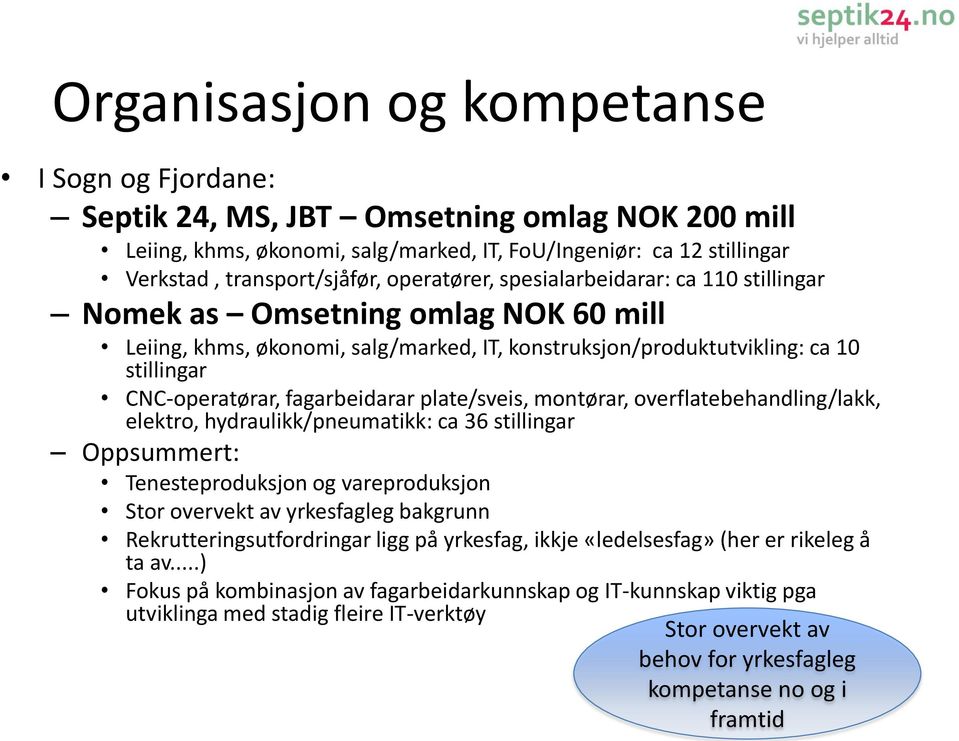 fagarbeidarar plate/sveis, montørar, overflatebehandling/lakk, elektro, hydraulikk/pneumatikk: ca 36 stillingar Oppsummert: Tenesteproduksjon og vareproduksjon Stor overvekt av yrkesfagleg bakgrunn