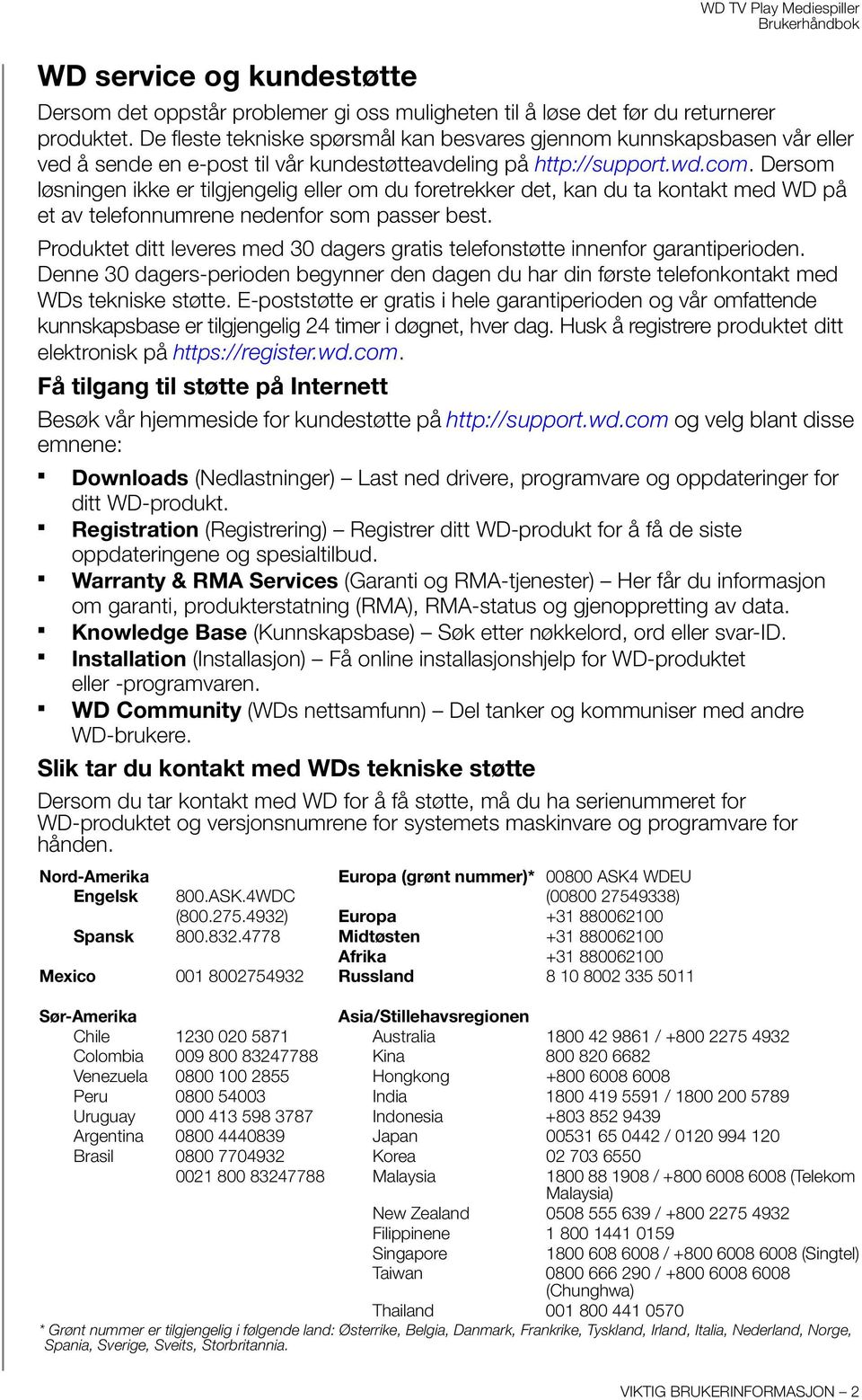 Dersom løsningen ikke er tilgjengelig eller om du foretrekker det, kan du ta kontakt med WD på et av telefonnumrene nedenfor som passer best.