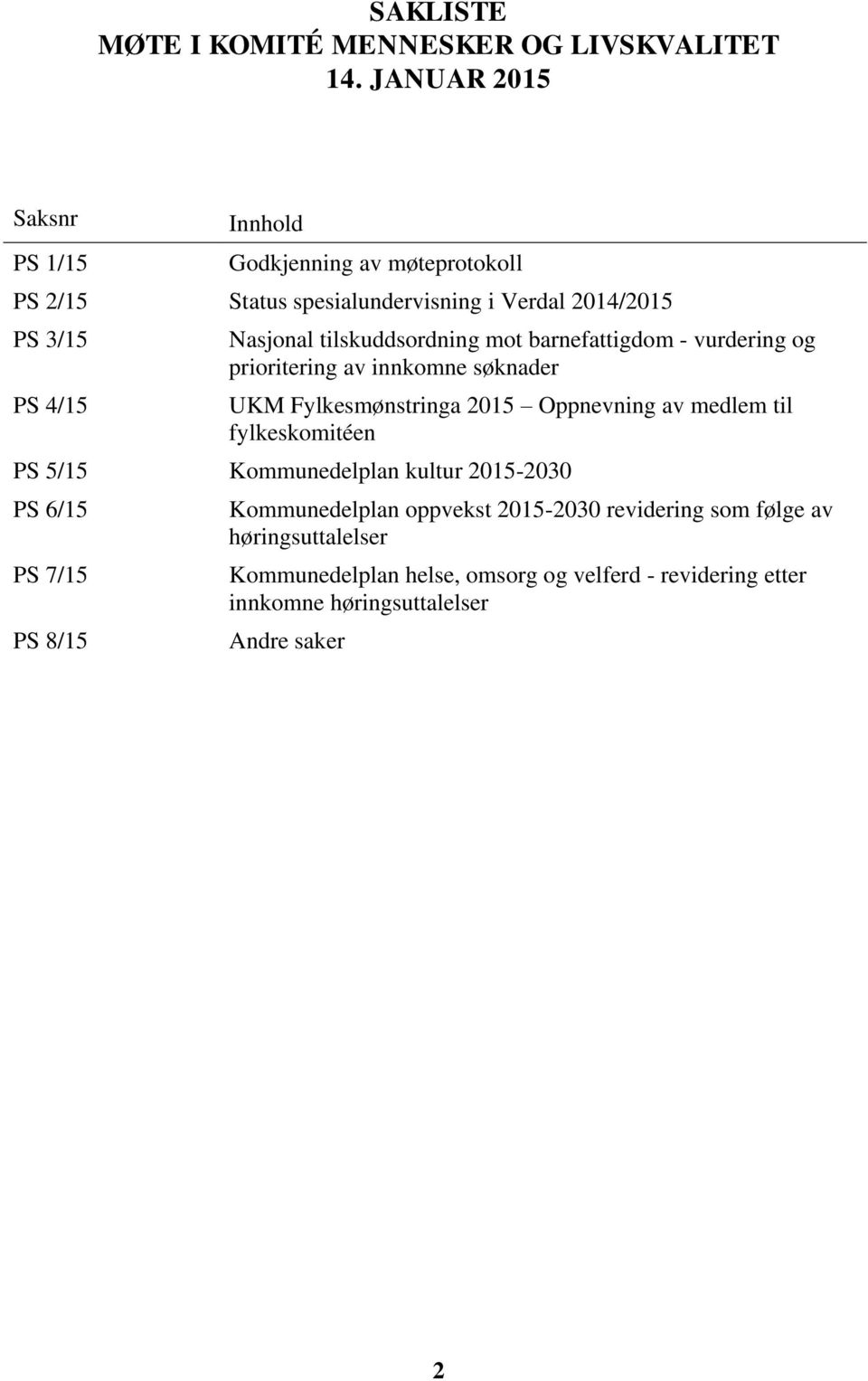 tilskuddsordning mot barnefattigdom - vurdering og prioritering av innkomne søknader UKM Fylkesmønstringa 2015 Oppnevning av medlem til