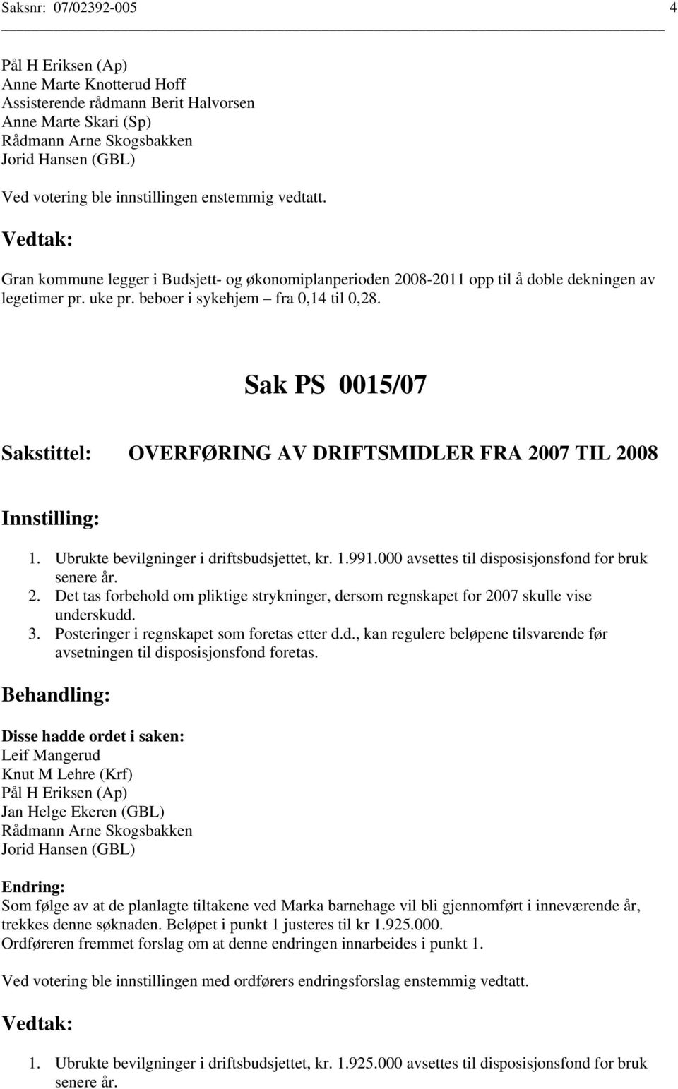 Ubrukte bevilgninger i driftsbudsjettet, kr. 1.991.000 avsettes til disposisjonsfond for bruk senere år. 2.