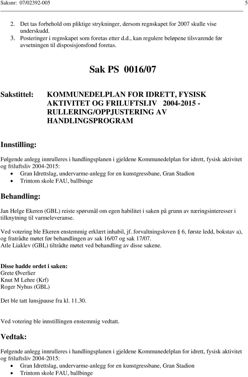 Kommunedelplan for idrett, fysisk aktivitet og friluftsliv 2004-2015: Gran Idrettslag, undervarme-anlegg for en kunstgressbane, Gran Stadion Trintom skole FAU, ballbinge Jan Helge Ekeren (GBL) reiste