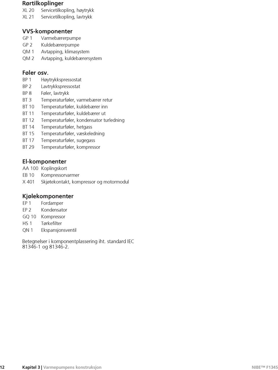 BP 1 Høytrykkspressostat BP 2 Lavtrykkspressostat BP 8 Føler, lavtrykk BT 3 Temperaturføler, varmebærer retur BT 10 Temperaturføler, kuldebærer inn BT 11 Temperaturføler, kuldebærer ut BT 12