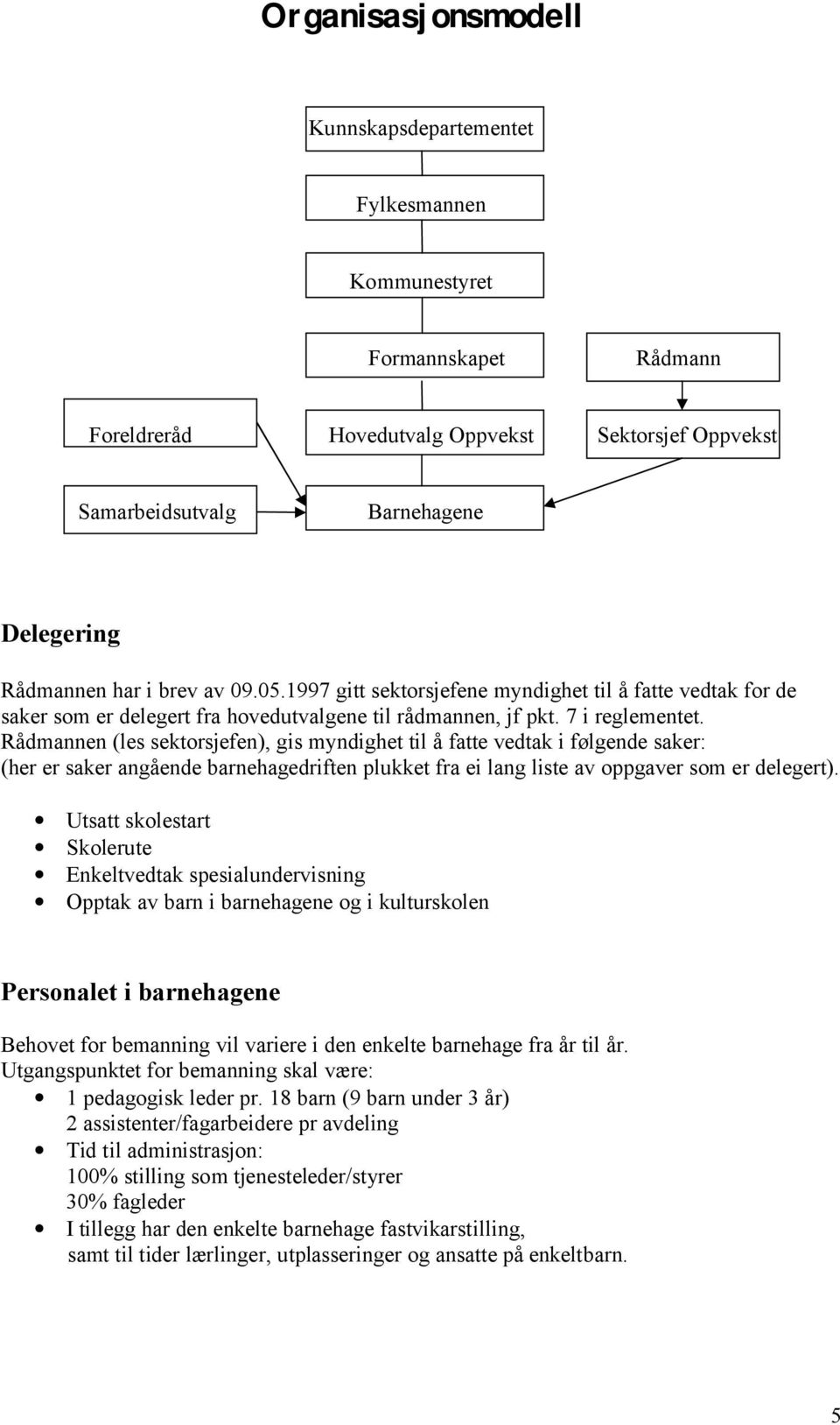 Rådmannen (les sektorsjefen), gis myndighet til å fatte vedtak i følgende saker: (her er saker angående barnehagedriften plukket fra ei lang liste av oppgaver som er delegert).