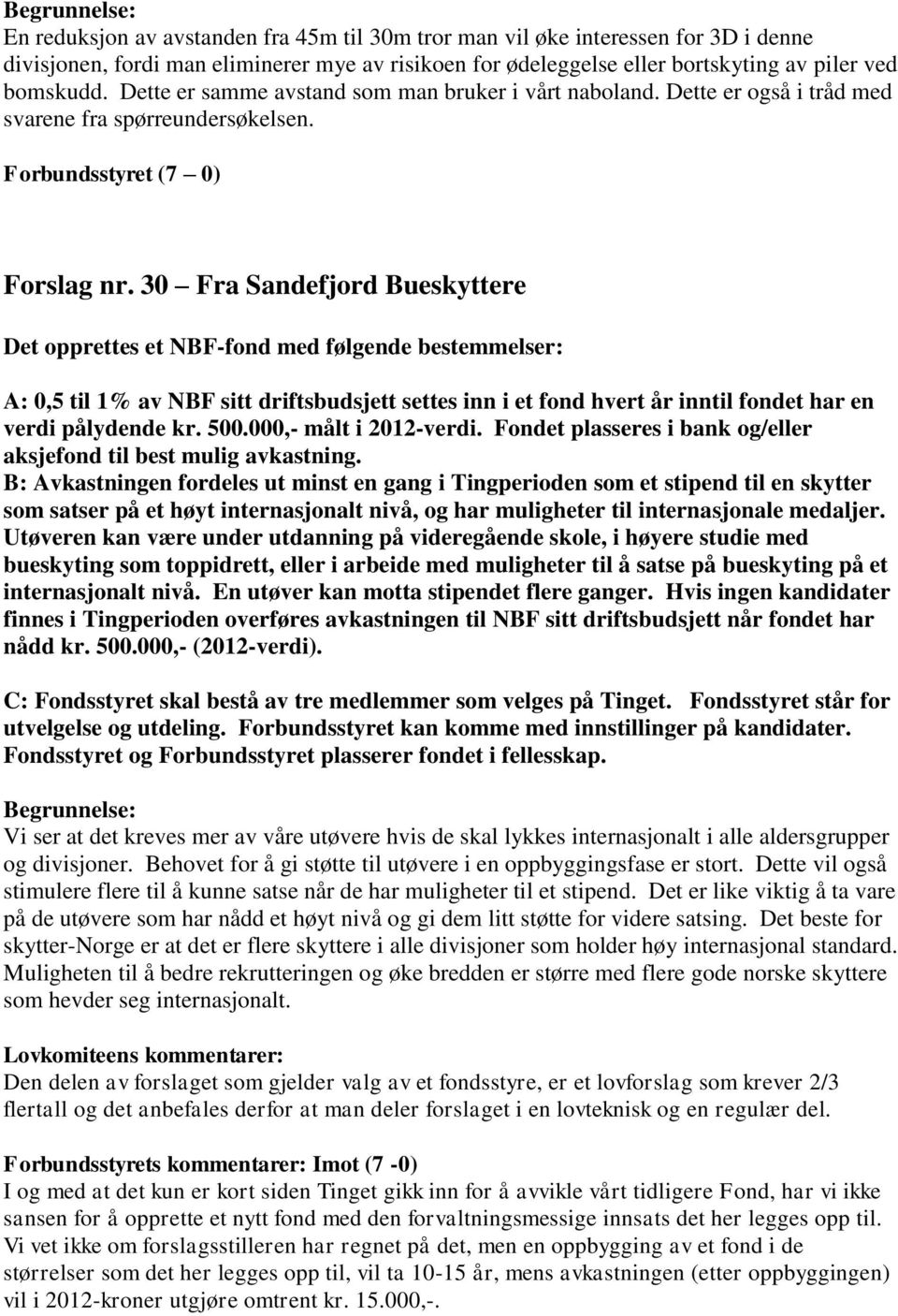 30 Fra Sandefjord Bueskyttere Det opprettes et NBF-fond med følgende bestemmelser: A: 0,5 til 1% av NBF sitt driftsbudsjett settes inn i et fond hvert år inntil fondet har en verdi pålydende kr. 500.