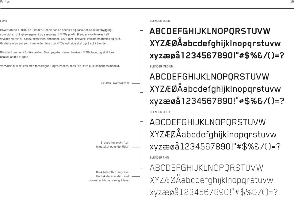 Grafiske element som inneholder tekst på NITOs nettside skal også stå i Blender. Blender kommer i 5 ulike vekter. Den tyngste, Heavy, brukes i NITOs logo, og skal ikke brukes andre steder.