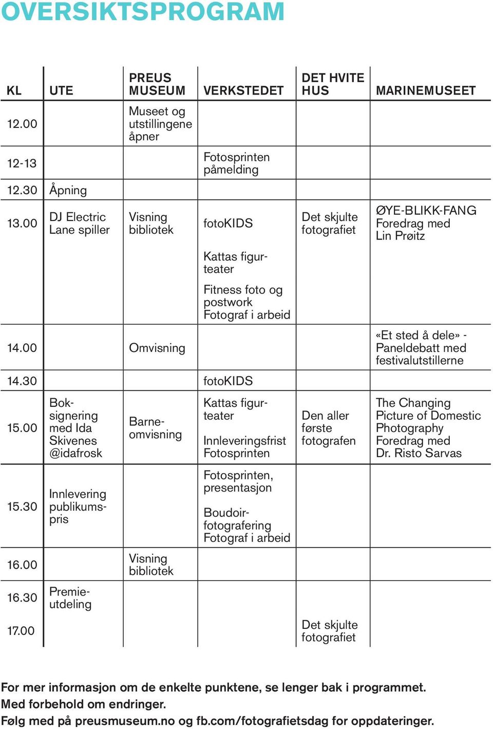 30 Premieutdeling 17.00 Barneomvisning Visning bibliotek Kattas figurteater Innleveringsfrist Fotosprinten Fotosprinten, presentasjon 15.