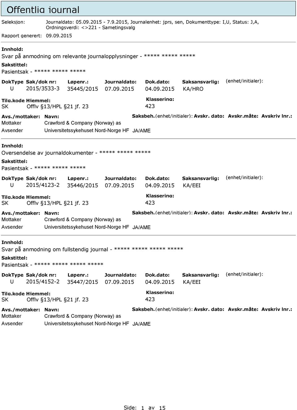 09.2015 Svar på anmodning om relevante journalopplysninger - ***** ***** ***** 2015/3533-3 35445/2015 Mottaker Crawford & Company (Norway) as niversitetssykehuset Nord-Norge