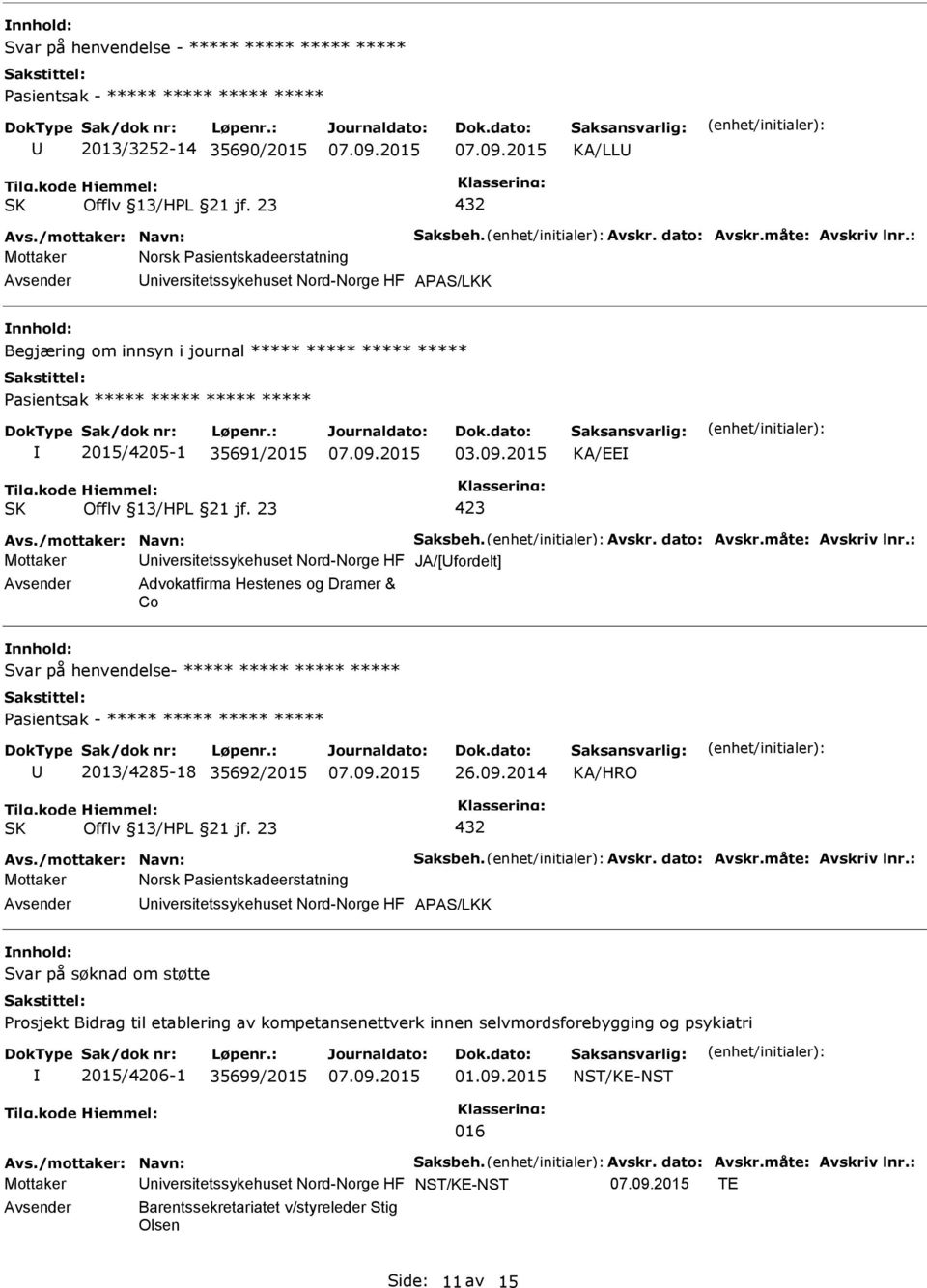 2015 KA/EE Mottaker niversitetssykehuset Nord-Norge HF JA/[fordelt] Advokatfirma Hestenes og Dramer & Co Svar på henvendelse- ***** ***** ***** ***** 2013/4285-18 35692/2015 26.09.