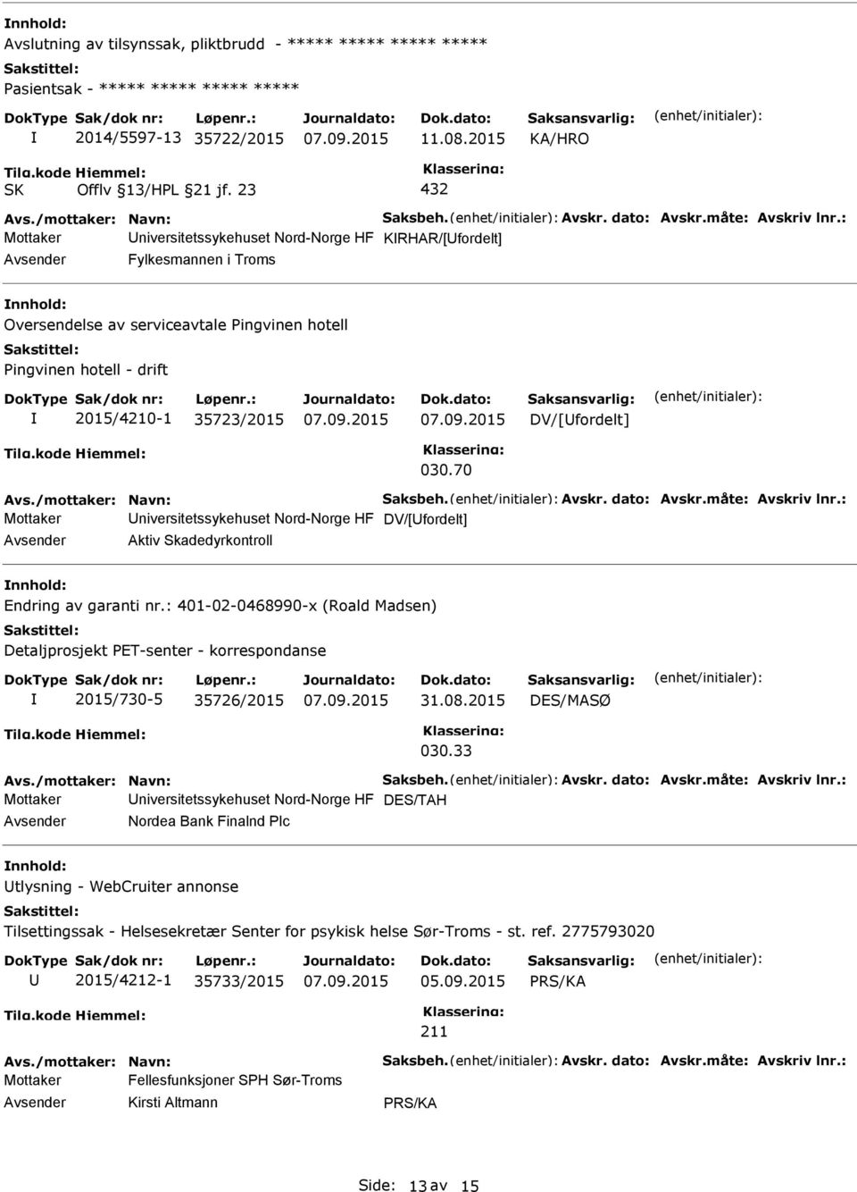 030.70 Mottaker niversitetssykehuset Nord-Norge HF DV/[fordelt] Aktiv Skadedyrkontroll Endring av garanti nr.