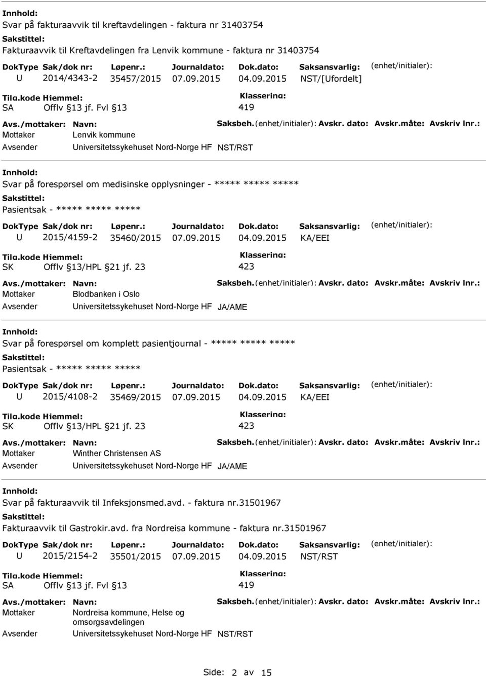 Nord-Norge HF JA/AME Svar på forespørsel om komplett pasientjournal - ***** ***** ***** 2015/4108-2 35469/2015 KA/EE Mottaker Winther Christensen AS niversitetssykehuset Nord-Norge HF JA/AME Svar på