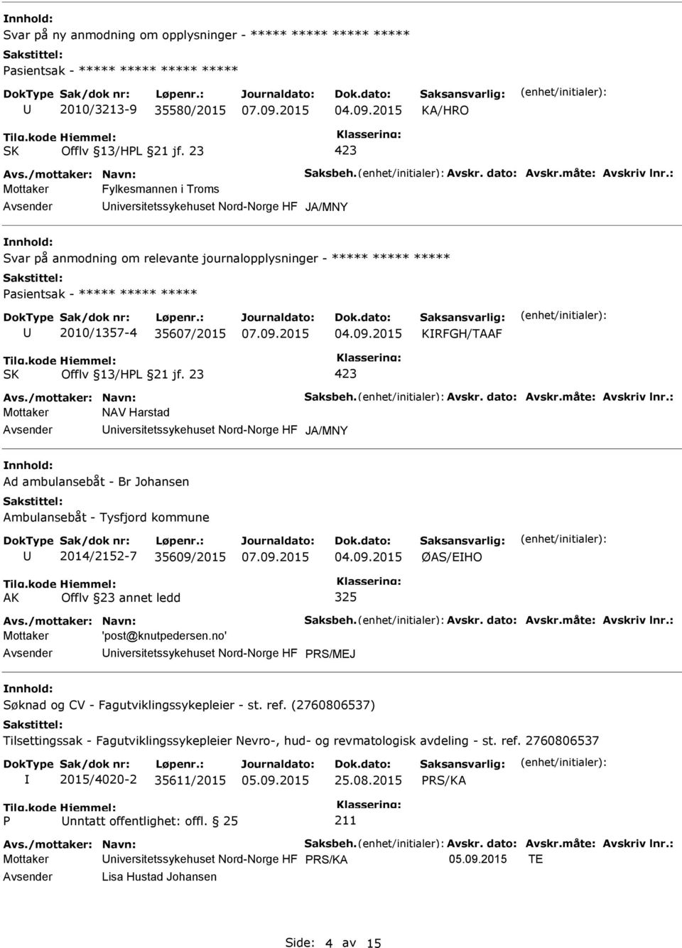 2014/2152-7 35609/2015 ØAS/EHO AK Offlv 23 annet ledd 325 Mottaker 'post@knutpedersen.no' niversitetssykehuset Nord-Norge HF PRS/MEJ Søknad og CV - Fagutviklingssykepleier - st. ref.