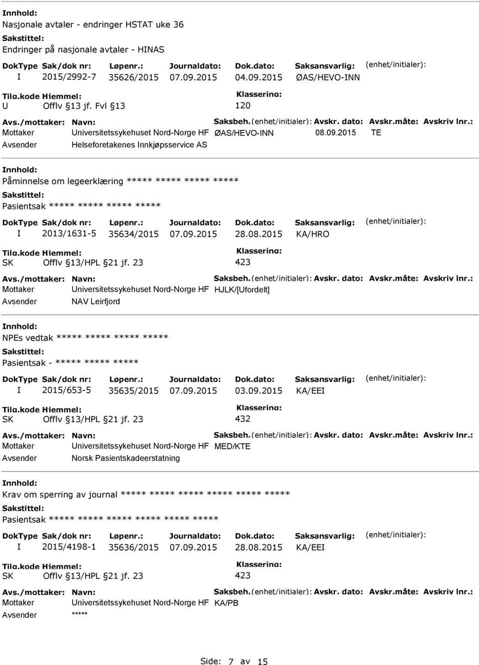 2015 Mottaker niversitetssykehuset Nord-Norge HF HJLK/[fordelt] NAV Leirfjord NPEs vedtak ***** ***** ***** ***** 2015/653-5 35635/2015 03.09.