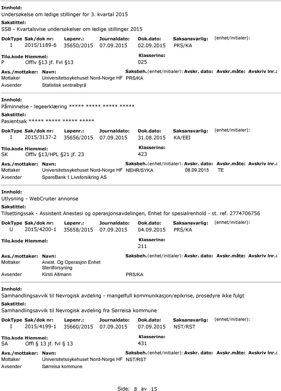 2015 KA/EE Mottaker niversitetssykehuset Nord-Norge HF NEHR/SYKA 08.09.