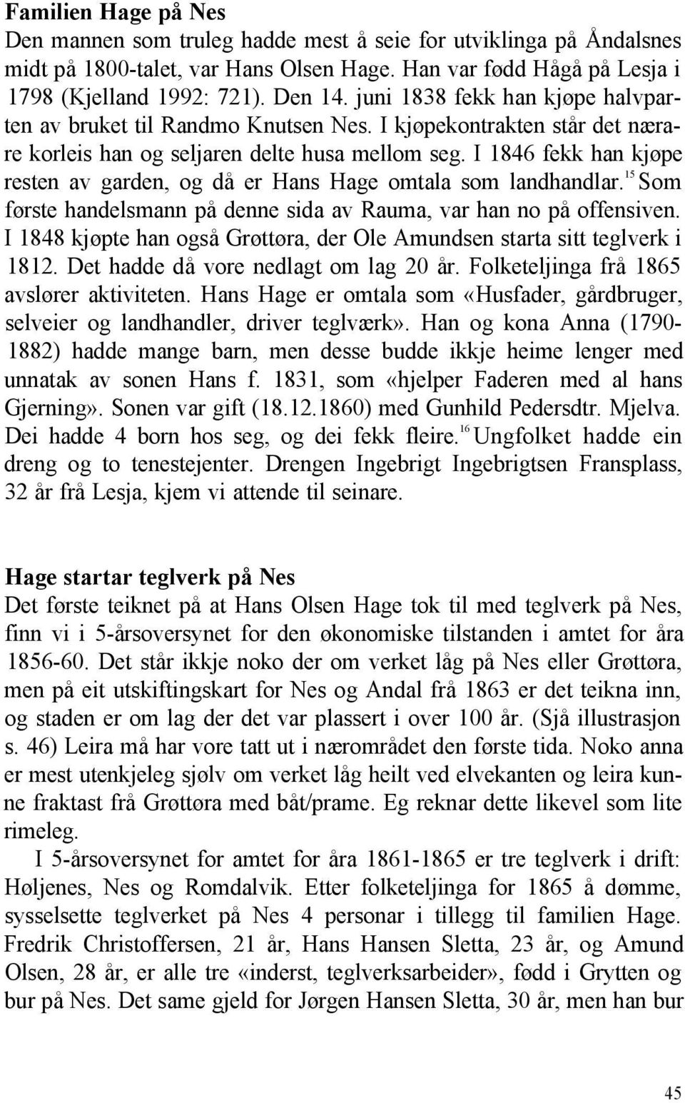 I 1846 fekk han kjøpe resten av garden, og då er Hans Hage omtala som landhandlar. 15 Som første handelsmann på denne sida av Rauma, var han no på offensiven.