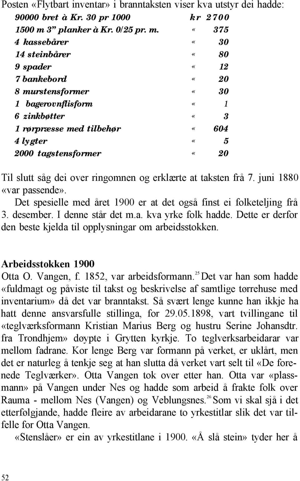 «375 4 kassebårer «30 14 steinbårer «80 9 spader «12 7 bankebord «20 8 murstensformer «30 1 bagerovnflisform «1 6 zinkbøtter «3 1 rørpræsse med tilbehør «604 4 lygter «5 2000 tagstensformer «20 Til