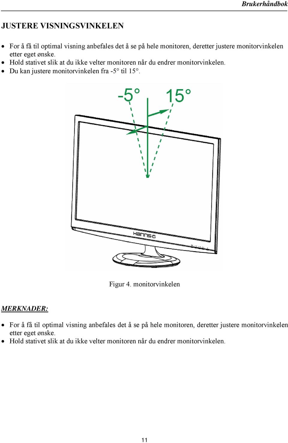 Du kan justere monitorvinkelen fra -5 til 15. Figur 4.