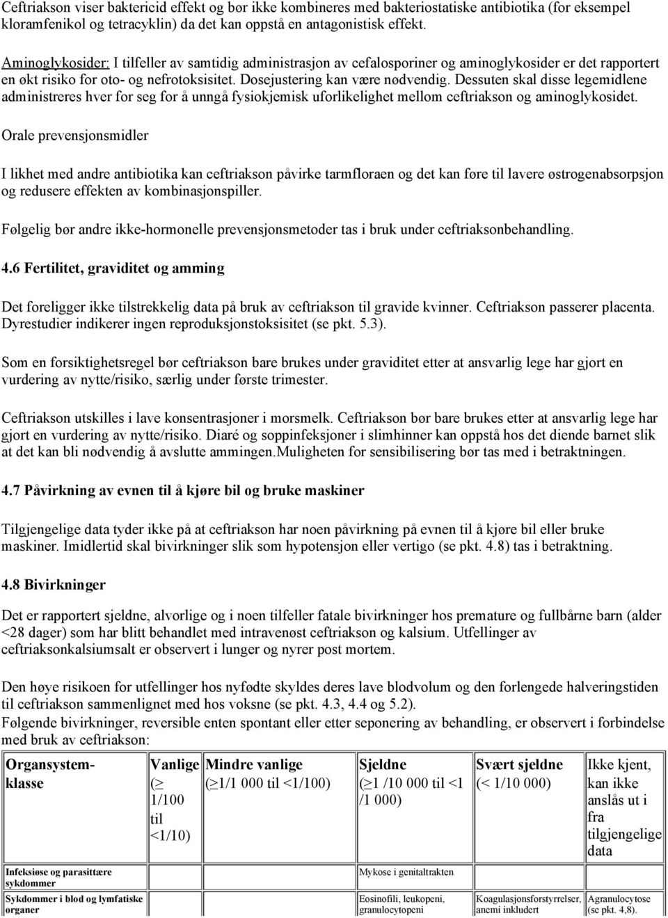 Dessuten skal disse legemidlene administreres hver for seg for å unngå fysiokjemisk uforlikelighet mellom ceftriakson og aminoglykosidet.