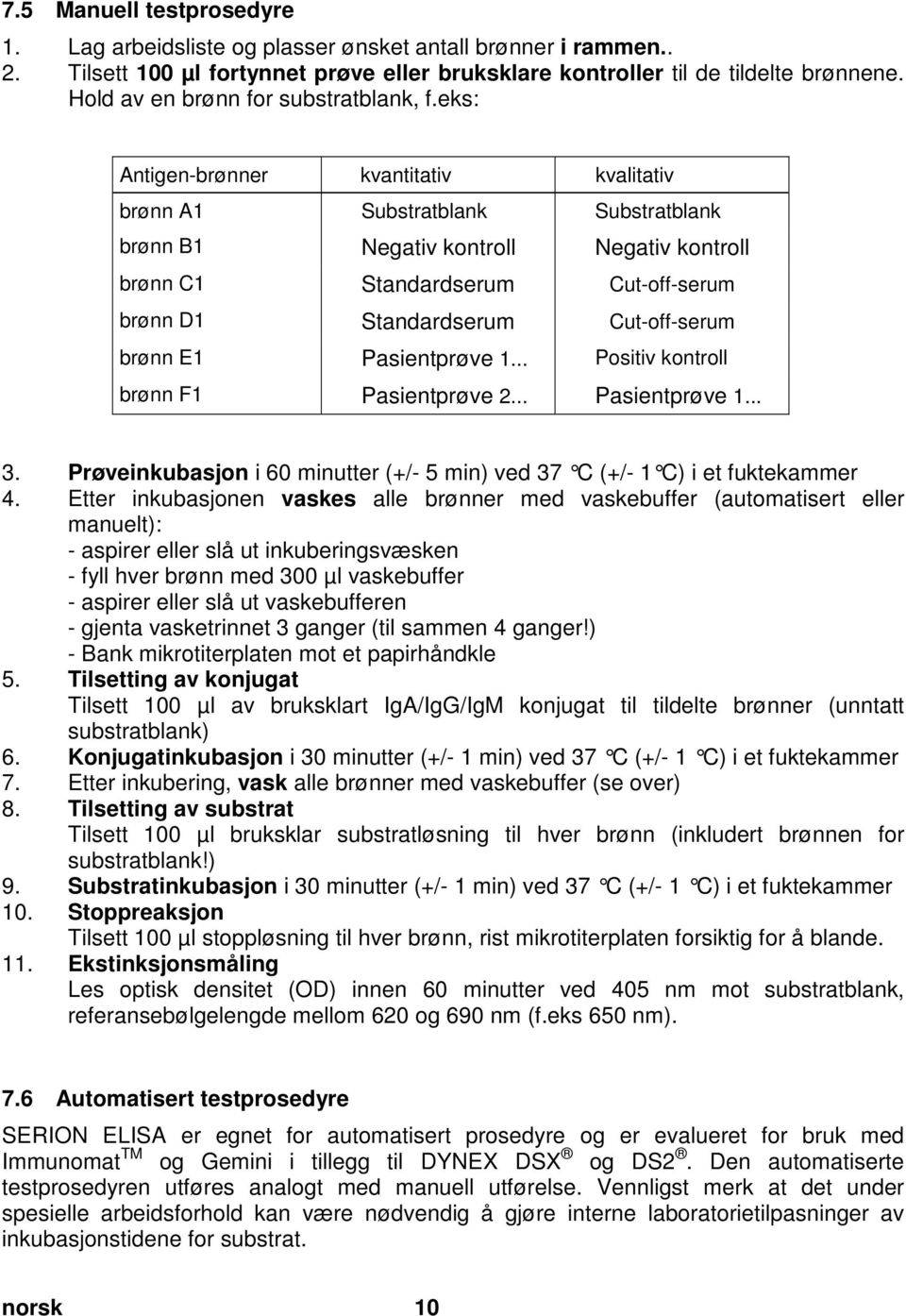 5 Manuell testprosedyre 1. Lag arbeidsliste og plasser ønsket antall brønner i rammen.. 2. Tilsett 100 µl fortynnet prøve eller bruksklare kontroller til de tildelte brønnene.