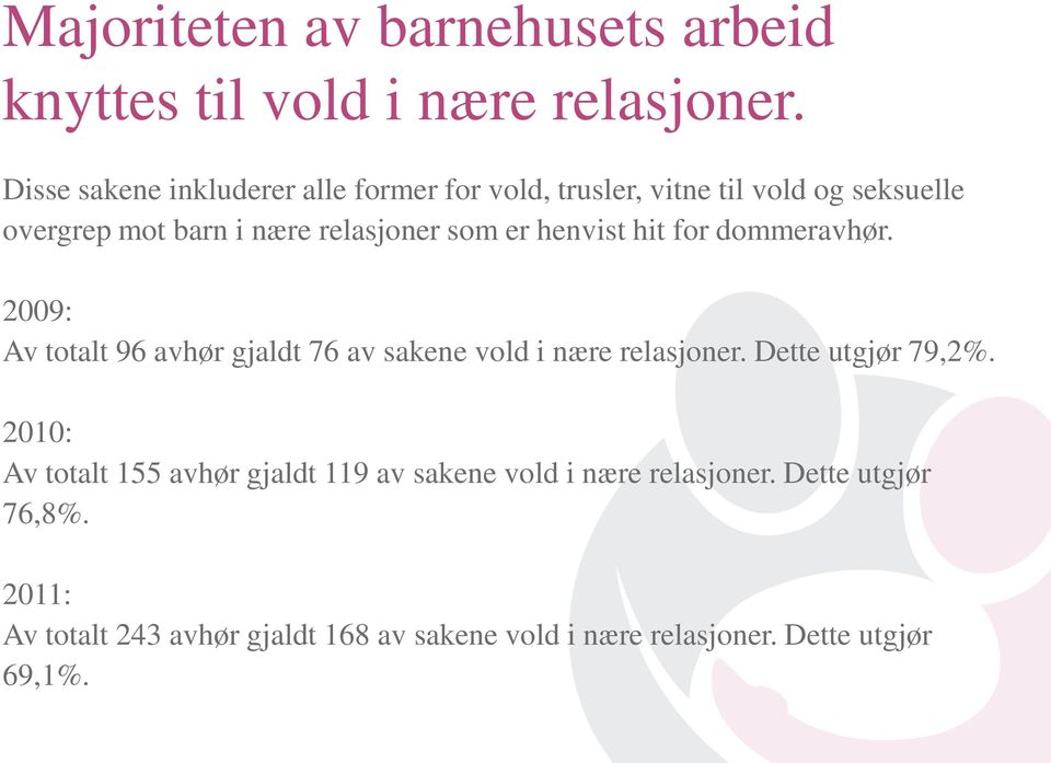 er henvist hit for dommeravhør. 2009: Av totalt 96 avhør gjaldt 76 av sakene vold i nære relasjoner. Dette utgjør 79,2%.