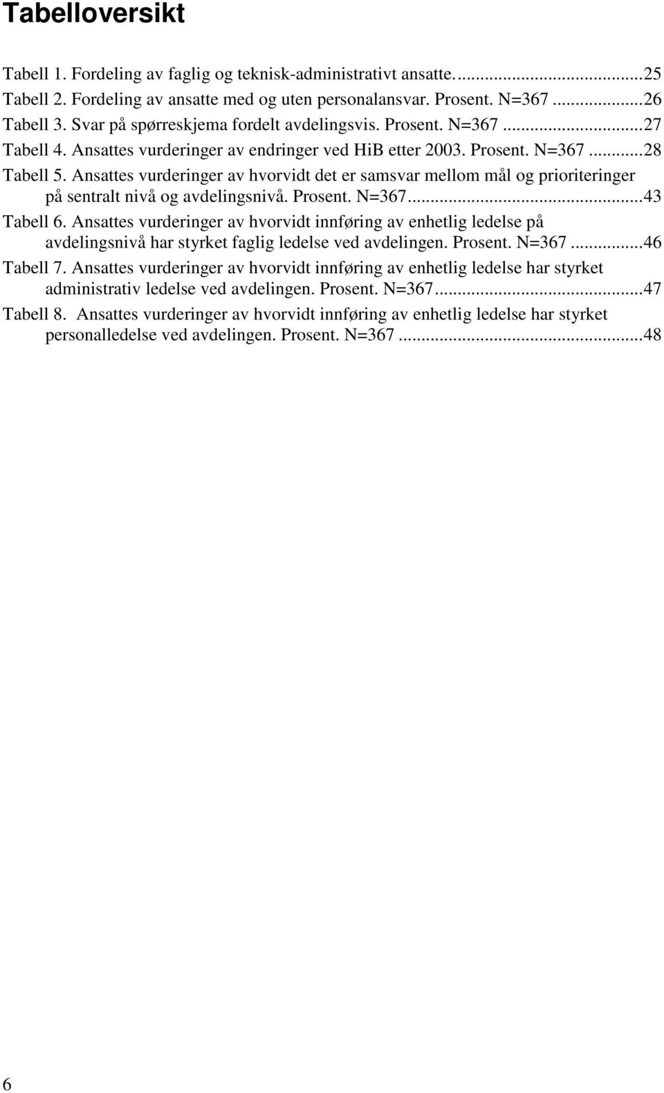 Ansattes vurderinger av hvorvidt det er samsvar mellom mål og prioriteringer på sentralt nivå og avdelingsnivå. Prosent. N=367...43 Tabell 6.