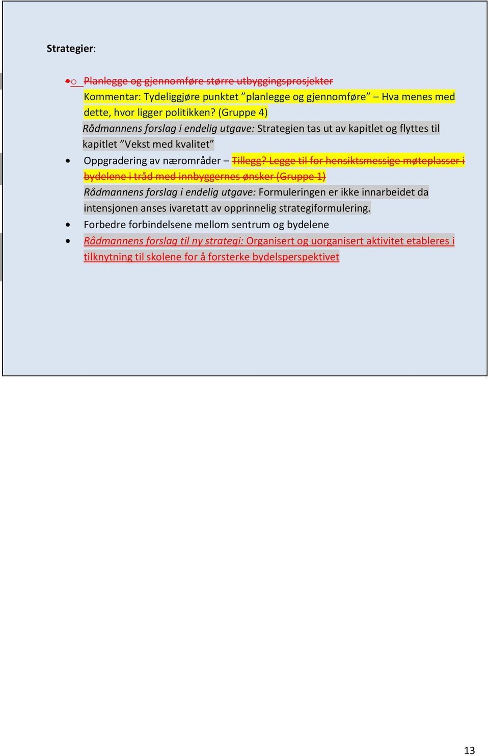 Legge til for hensiktsmessige møteplasser i bydelene i tråd med innbyggernes ønsker (Gruppe 1) Rådmannens forslag i endelig utgave: Formuleringen er ikke innarbeidet da intensjonen anses