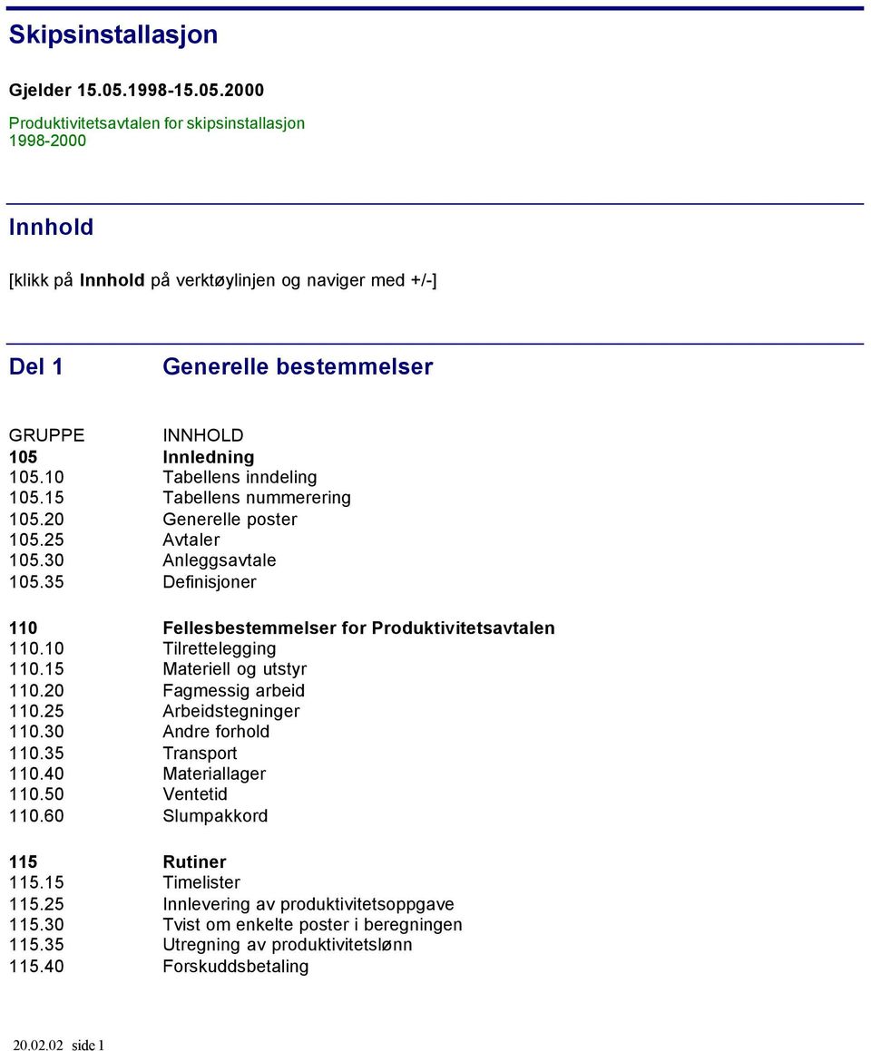 10 Tabellens inndeling 105.15 Tabellens nummerering 105.20 Generelle poster 105.25 Avtaler 105.30 Anleggsavtale 105.35 Definisjoner 110 Fellesbestemmelser for Produktivitetsavtalen 110.