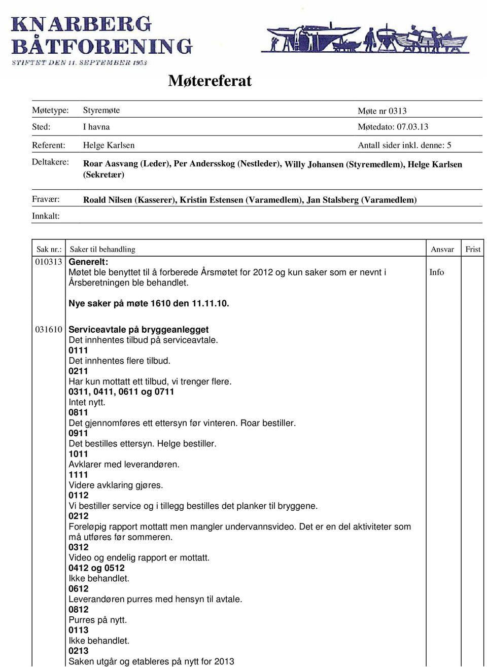 (Varamedlem) Innkalt: 010313 Generelt: Møtet ble benyttet til å forberede Årsmøtet for 2012 og kun saker som er nevnt i Årsberetningen ble behandlet. Nye saker på møte 1610 den 11.11.10. 031610 Serviceavtale på bryggeanlegget Det innhentes tilbud på serviceavtale.