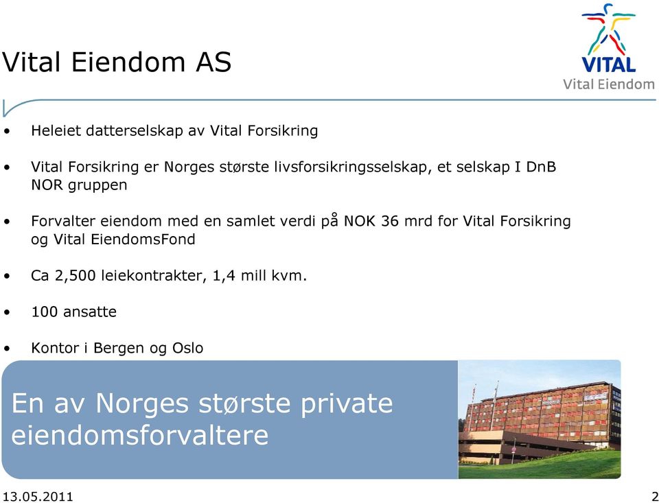 NOK 36 mrd for Vital Forsikring og Vital EiendomsFond Ca 2,500 leiekontrakter, 1,4 mill kvm.