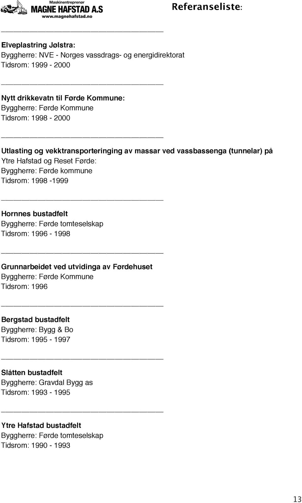 Hornnes bustadfelt Byggherre: Førde tomteselskap Tidsrom: 1996-1998! Grunnarbeidet ved utvidinga av Førdehuset Tidsrom: 1996!