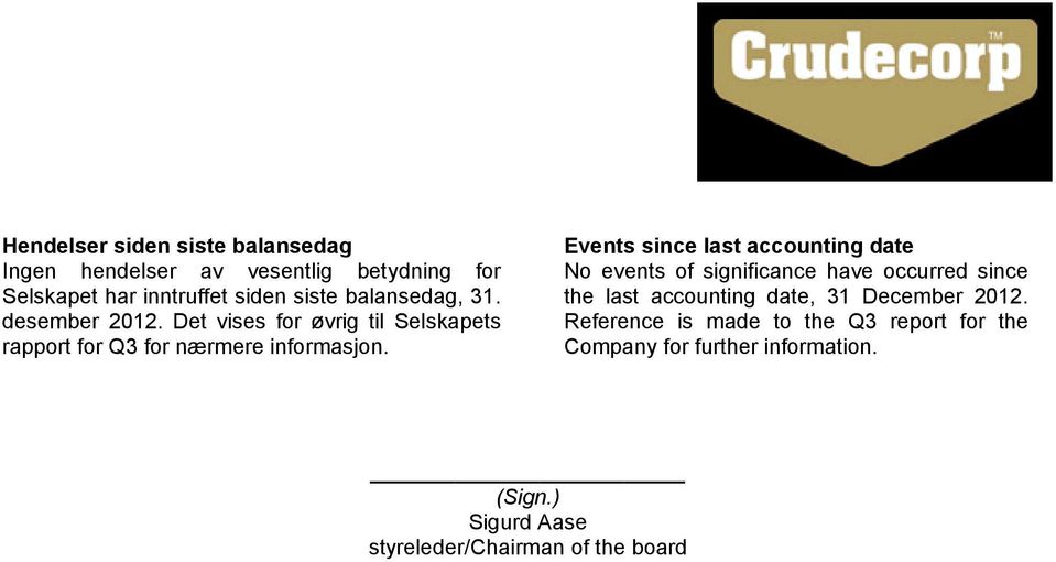 Events since last accounting date No events of significance have occurred since the last accounting date, 31 December